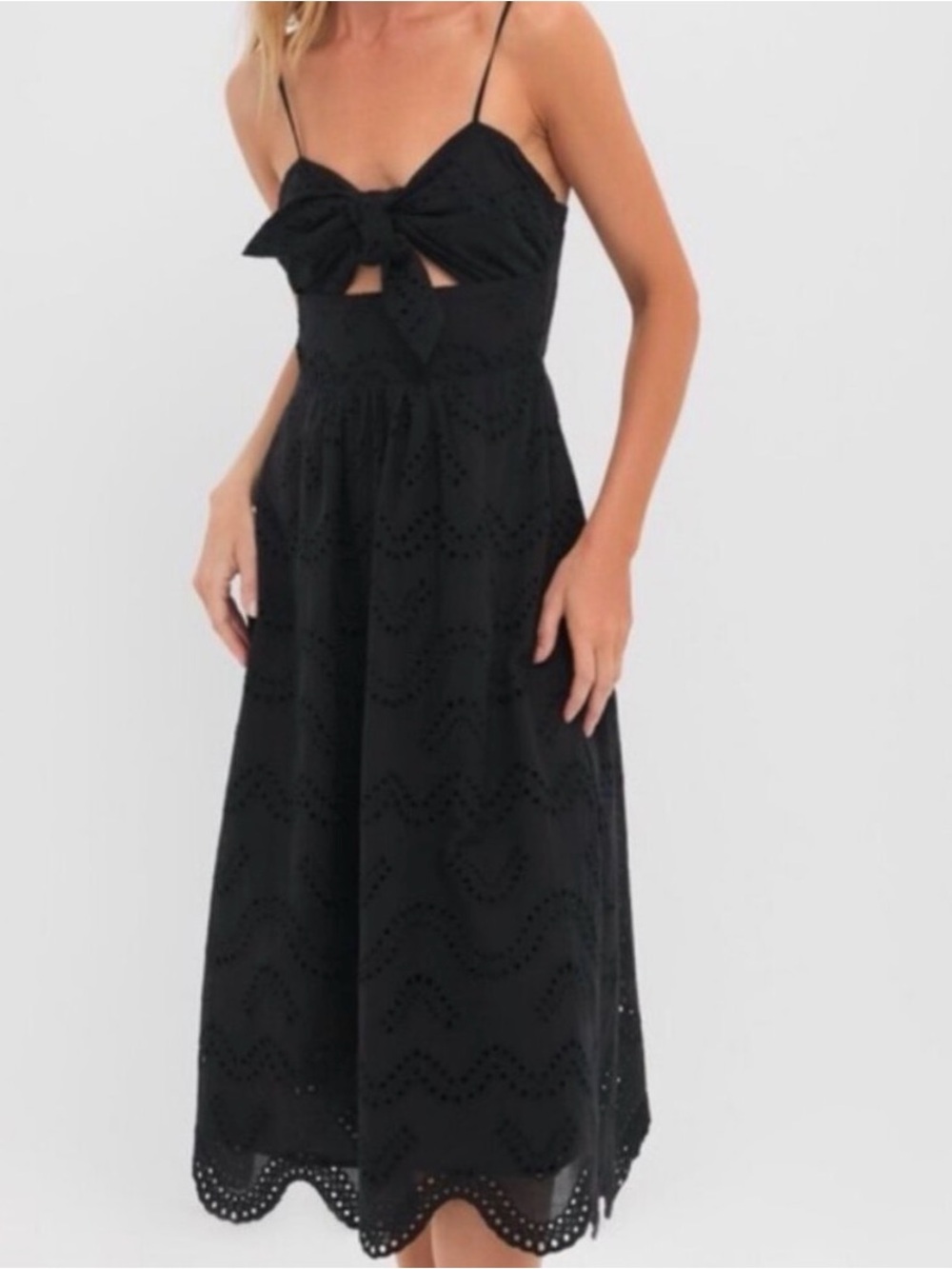 Tie-Front Black Eyelet Midi Dress